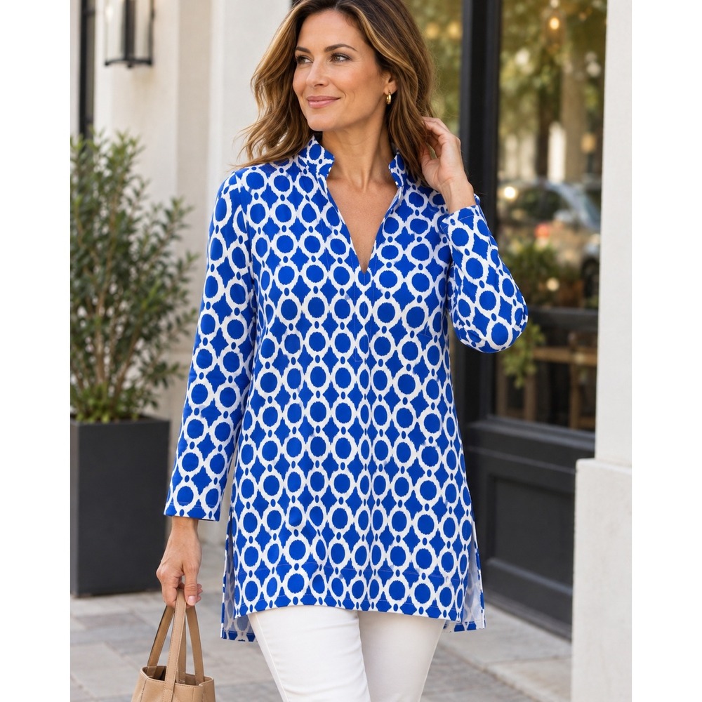 Jude Connally Blue White Geometric Ikat Stretch Jersey Long Sleeve Tunic Top M